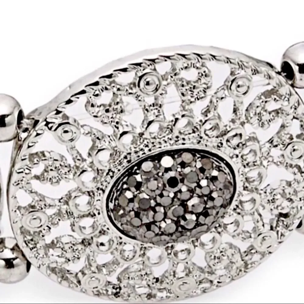 Silver Filigree Discs Natural Rhodium Stone Bangle Bracelet NEW